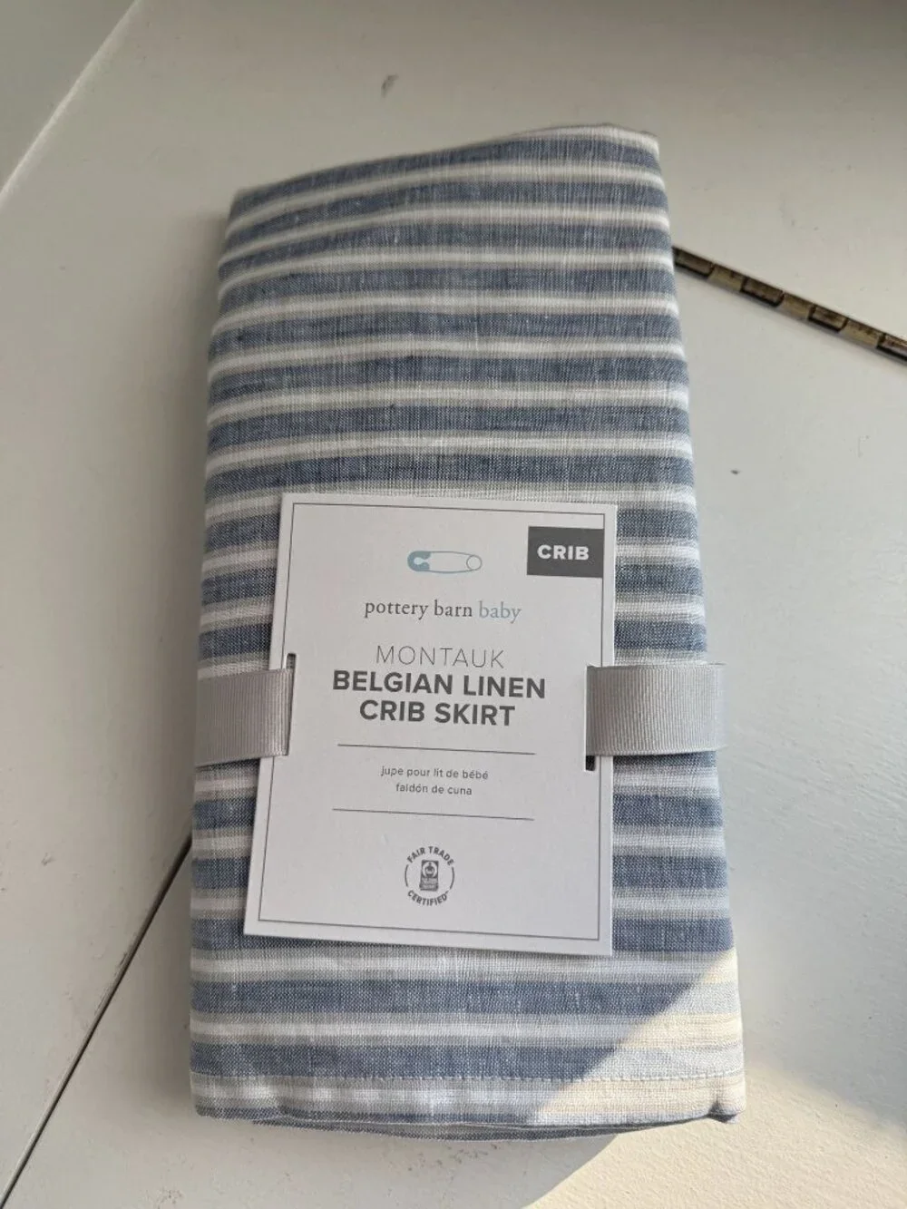 NWT Pottery Barn Baby Montauk Belgian Linen Crib Skirt Blue Striped [jb]